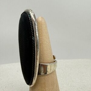 Nature Bijoux Elongated Oval Ring Black Statement Silver Tone Adjustable Band